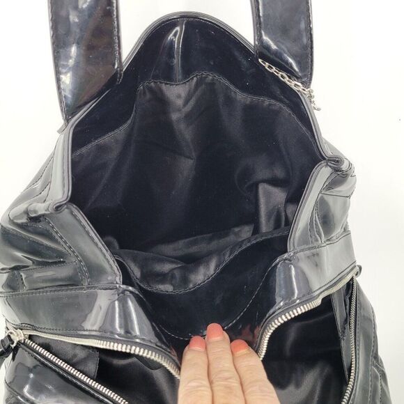 Vtg 90s Y2K Black Patent Leather Logo Quilted Shoulder Tote Bag Purse Trending - Picture 10 of 14